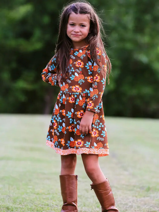 Girls Golden Autumn Floral Long Sleeve Cotton Holiday Dress