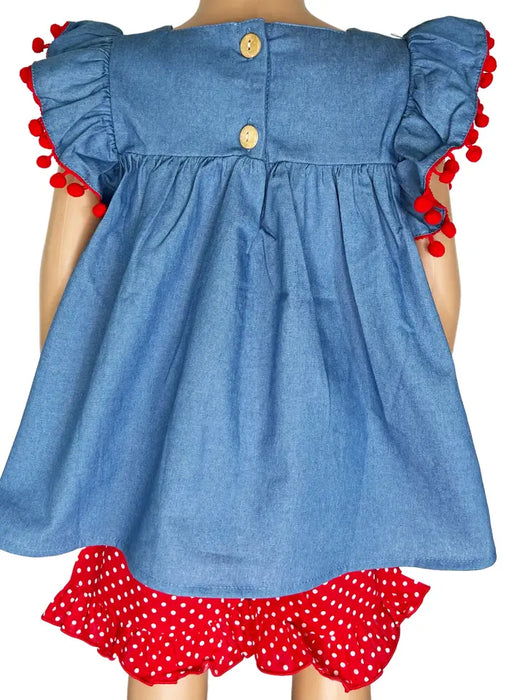 Big Girls Blue Chambray Apple Top with Red Polka Dot Shorts