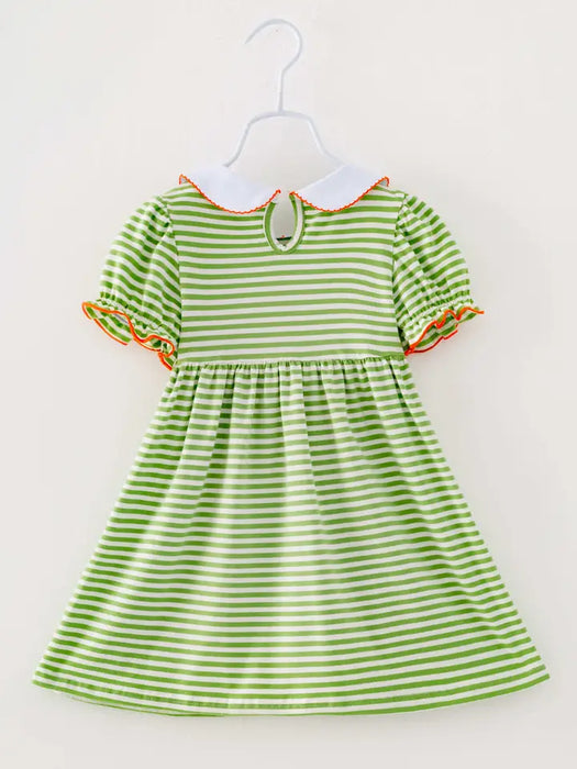 Green Stripe Pumpkin Girl Twirl Fall Dresses Kids Clothes