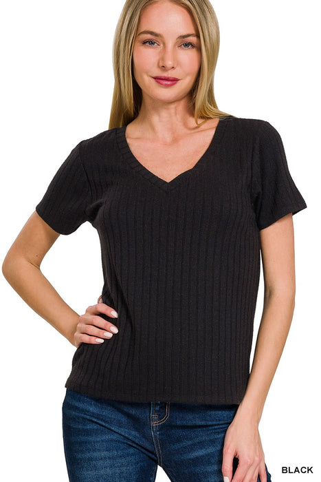 Ribbed Short Sleeve V Neck Top