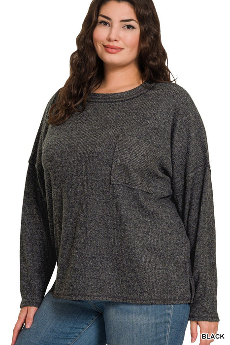 RIBBED BRUSHED MELANGE HACCI SWEATER W POCKET