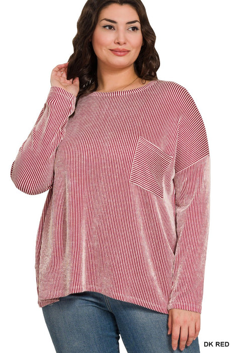 PLUS RIBBED STRIPED OVERSIZED LONG SLEEVE TOP