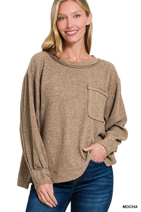 BRUSHED HACCI HI-LOW ROUND NECK SWEATER