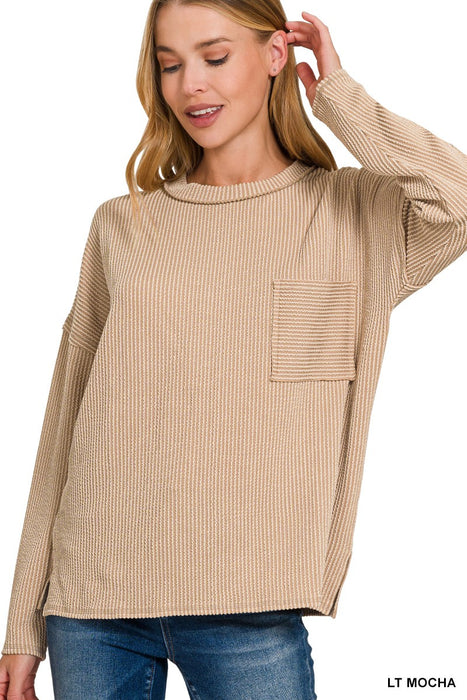 CORDED RIB LONG SLEEVE DROP SHOULDER TOP