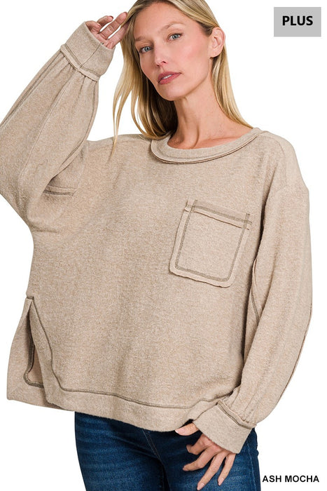 PLUS BRUSHED HACCI HI-LOW ROUND NECK SWEATER