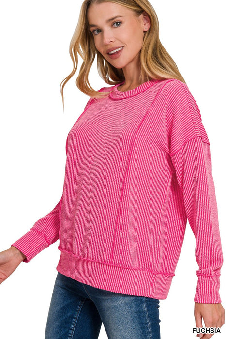 CORDED RIB LONG SLEEVE ROUND NECK PULLOVER