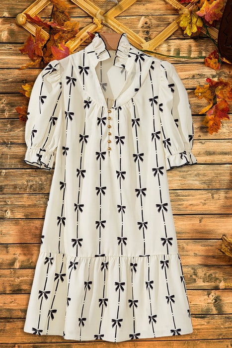 Bowknot Printed Bubble Sleeve V Neck Mini Dress