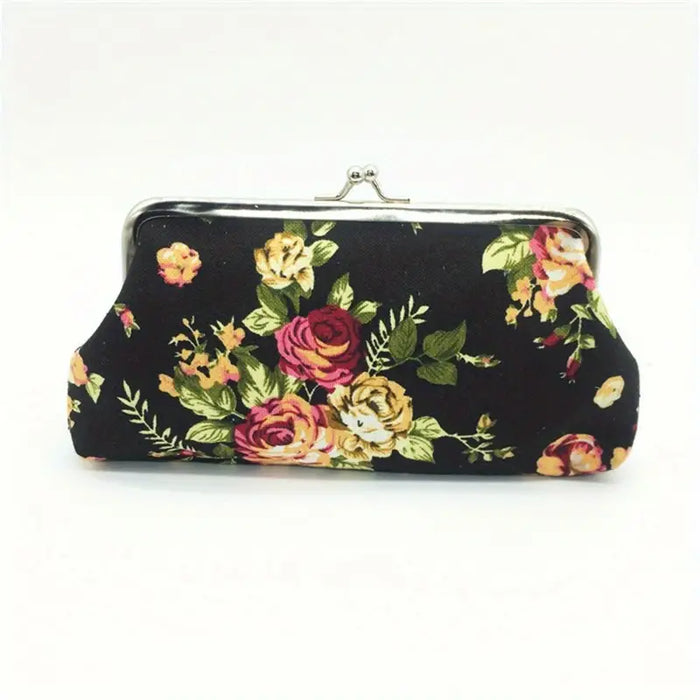 Flower Pattern Frame Long Purse, Canvas Textured Clutch Wallet