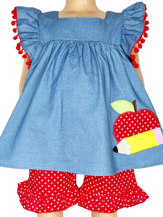 Big Girls Blue Chambray Apple Top with Red Polka Dot Shorts