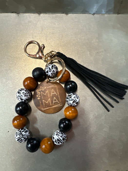 MAMA Leopard Print Wooden Bead Bracelet Keychain With Tassel