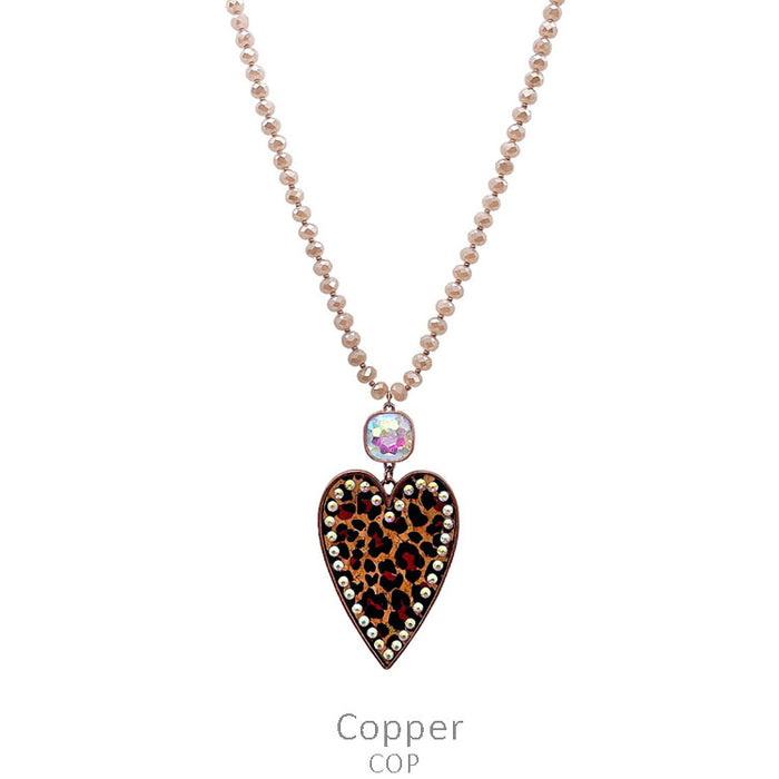 Leopard Heart Pendant Glass Bead Necklace