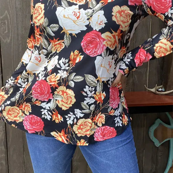 Multi Color Printed Long Sleeve Women Black Tops