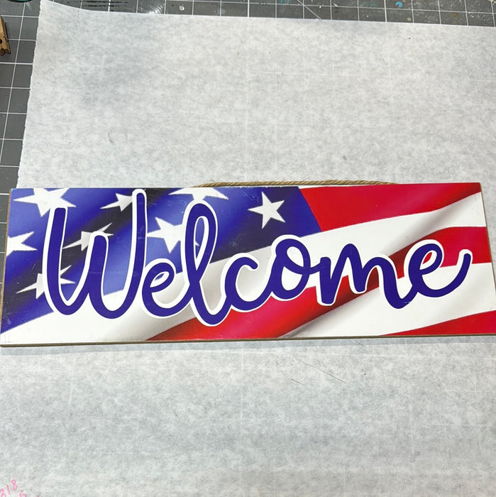 WELCOME AMERICAN FLAG WOOD SIGN 5 X 15"