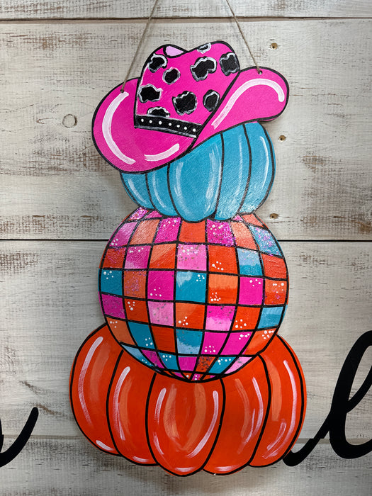 Disco Ball Cowboy Hat Pumpkin Stack Door Hanger with Paint Lines