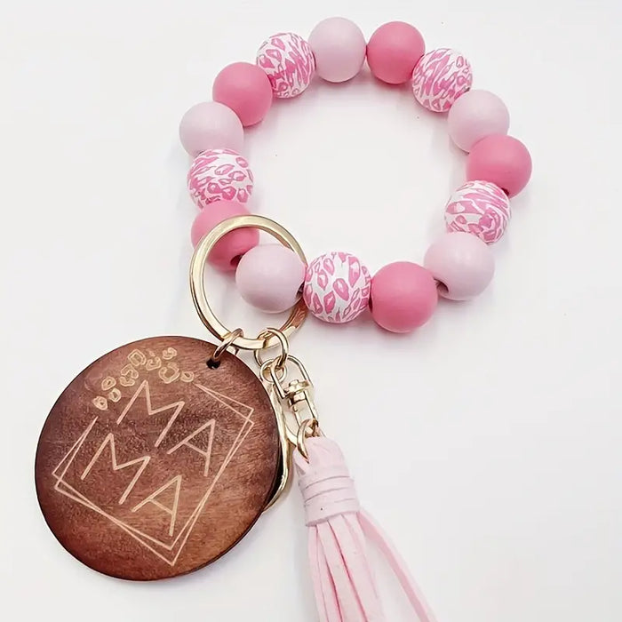 MAMA Leopard Print Wooden Bead Bracelet Keychain With Tassel