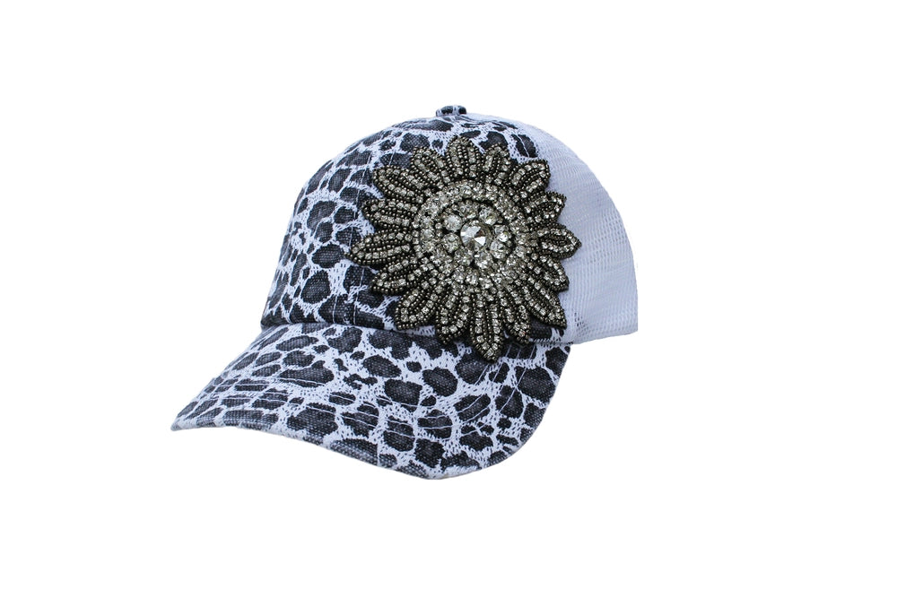 Crystallized Flower Trucker Leopard Hat WHITE