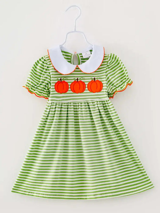 Green Stripe Pumpkin Girl Twirl Fall Dresses Kids Clothes