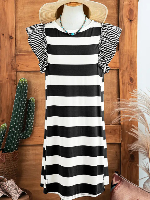 Striped Contrast Ruffles Sleeve T-Shirt Dress