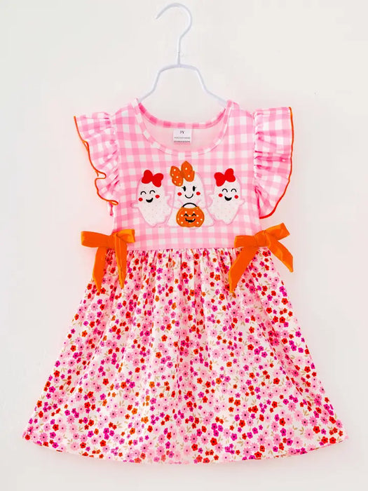 Halloween Ghost Pink Plaid Floral Ruffle Girl Twirl Dress