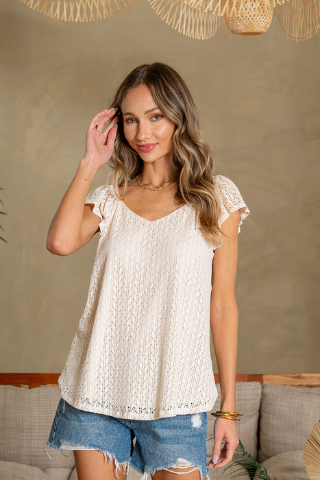 Flutter Sleeve Crochet Top - Cream