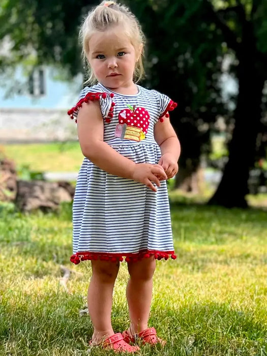 Big Girls Back To School Dress Apple Blue Stripe Red Pom Pom