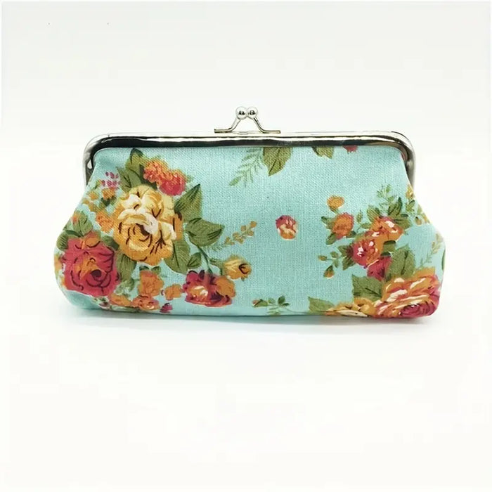 Flower Pattern Frame Long Purse, Canvas Textured Clutch Wallet