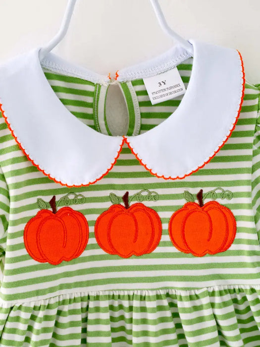 Green Stripe Pumpkin Girl Twirl Fall Dresses Kids Clothes