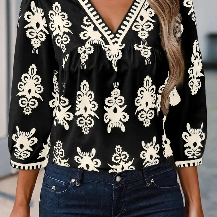 Unique Geometric Print 3/4 Sleeve V Neck Blouse