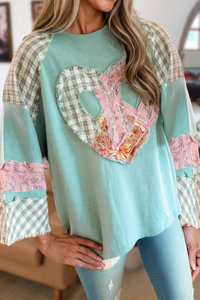 Plaid Floral Mix Pattern Heart Shape Wide Sleeve Top