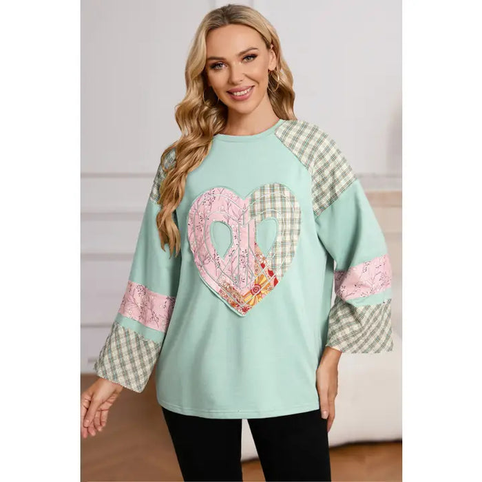 Plaid Floral Mix Pattern Heart Shape Wide Sleeve Top