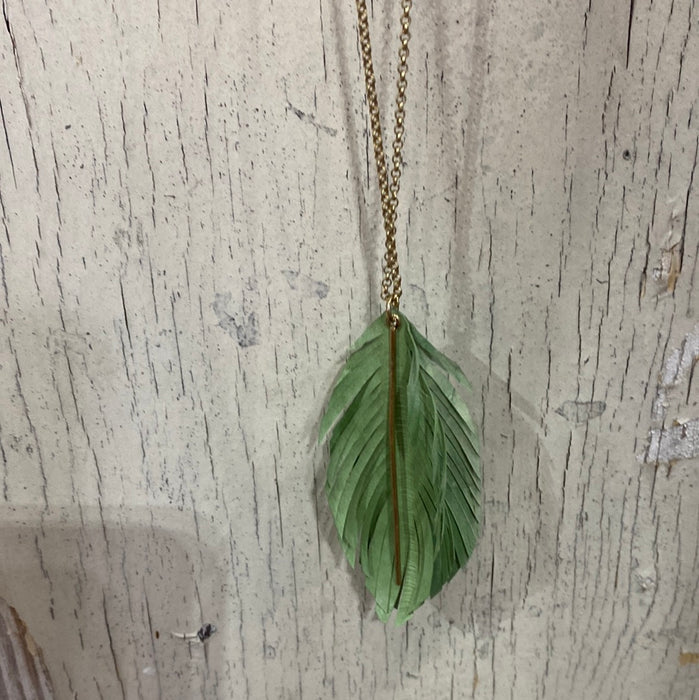 Gold Chain Necklace with Mint leather feathered Medallion