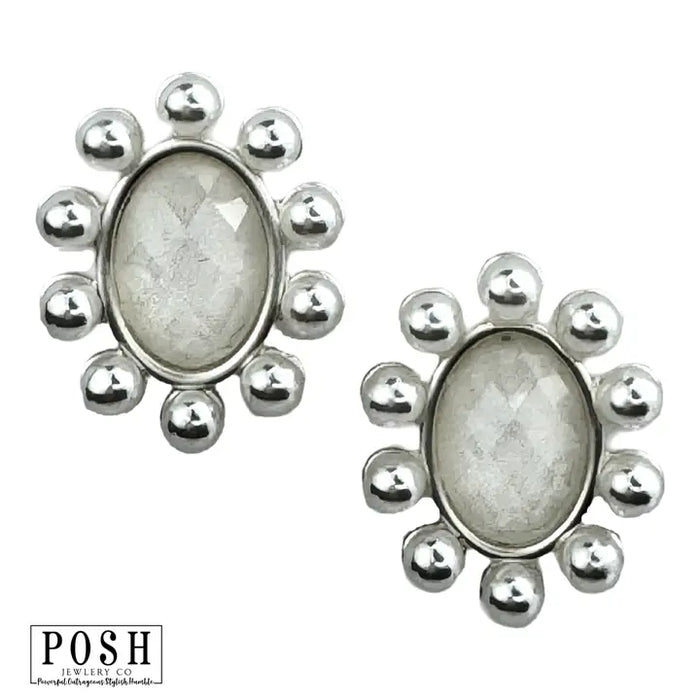 Pearl Rimmed Faceted Oval Post Earring