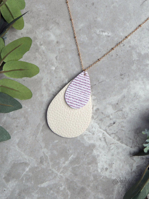 GLITTER STRIPE DOUBLE DROP NECKLACE ON CREAM, PINK