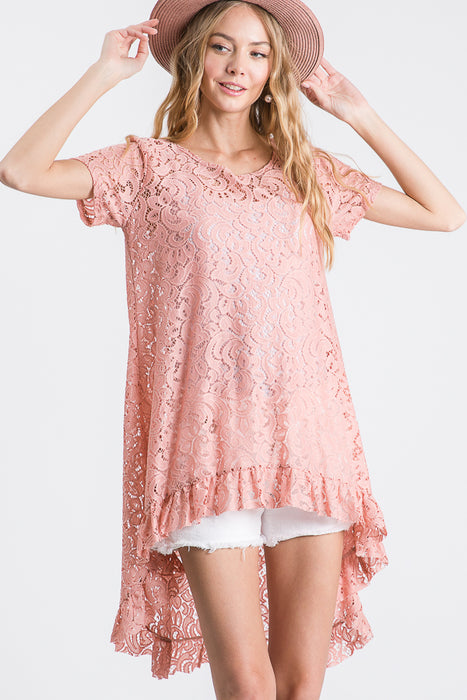 LACE HIGH LOW TUNIC TOP WITH RUFFLED MAUVE