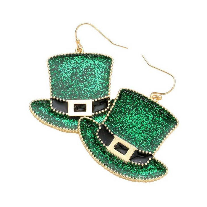 St. Patrick's Day Glittered Hat Dangle Earrings