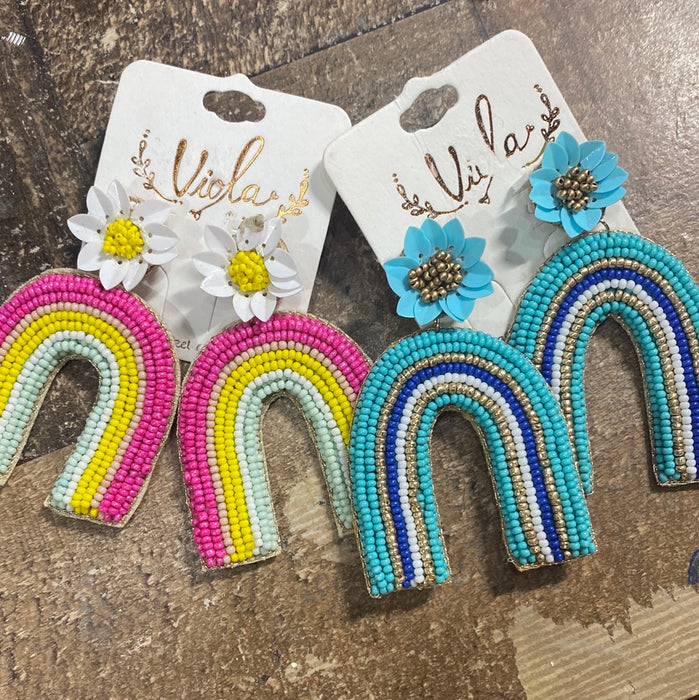 Beaded Rainbow with Flower Post Earrings