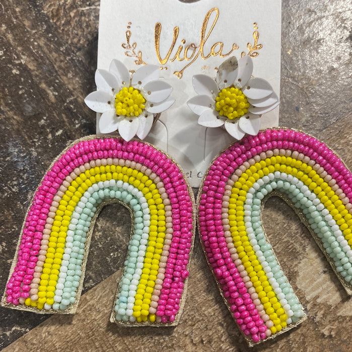 Beaded Rainbow with Flower Post Earrings