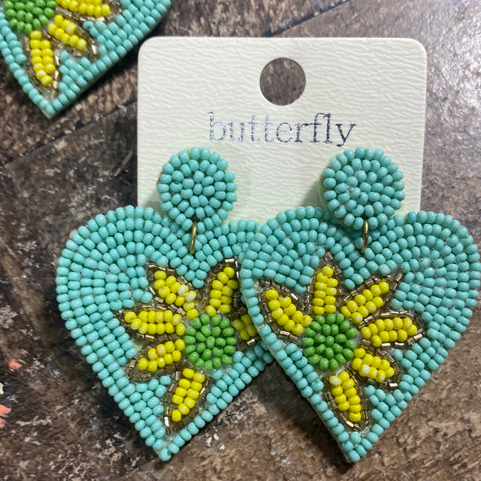 Flower Print Heart Seed Bead Earrings