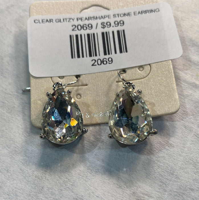 CLEAR GLITZY PEARSHAPE STONE EARRING