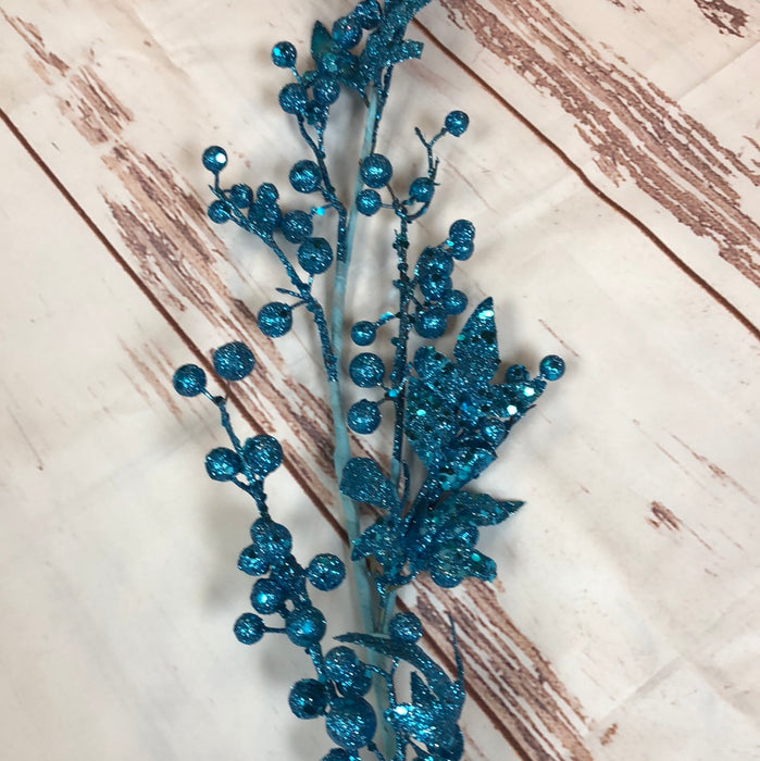 Blue Glitter Ball and Leaves Pick