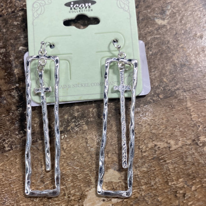 Tailored Hammered Rectangle Cross Dangle Earrings