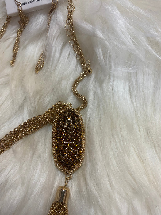 Large Amber Rhinestone w/Tassel Necklace Set