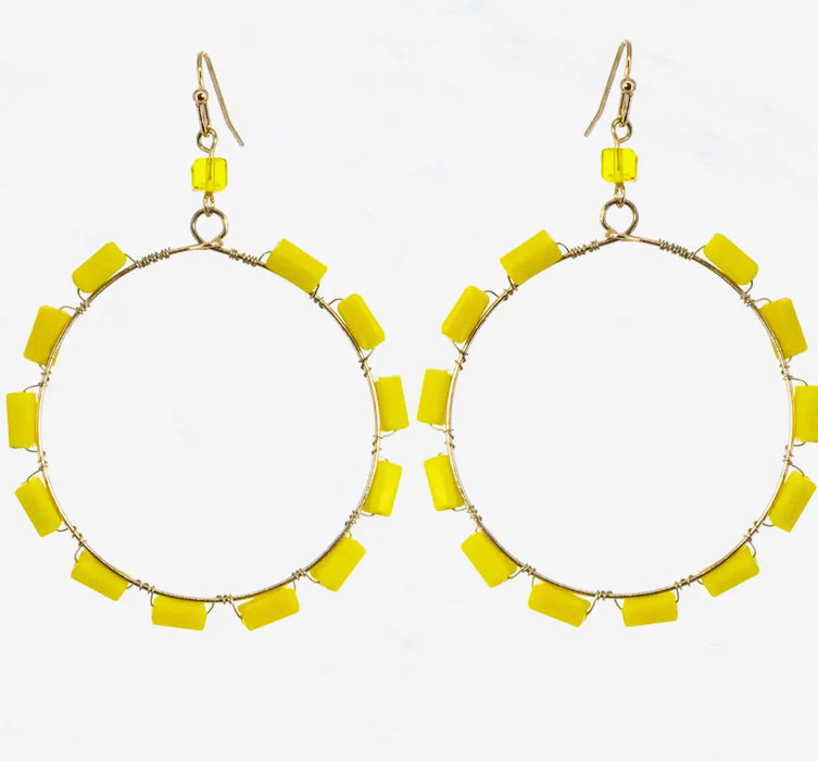 Square Bead Drop Hoop Earrings